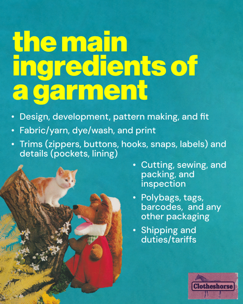 The main ingredients of a garment: --Design, development, pattern making, and fit --Fabric/yarn, dye/wash, and print --Trims (zippers, buttons, hooks, snaps, labels) and details (pockets, lining) --Cutting, sewing, and packing, and inspection --Polybags, tags, barcodes, and any other packaging --Shipping and duties/tariffs