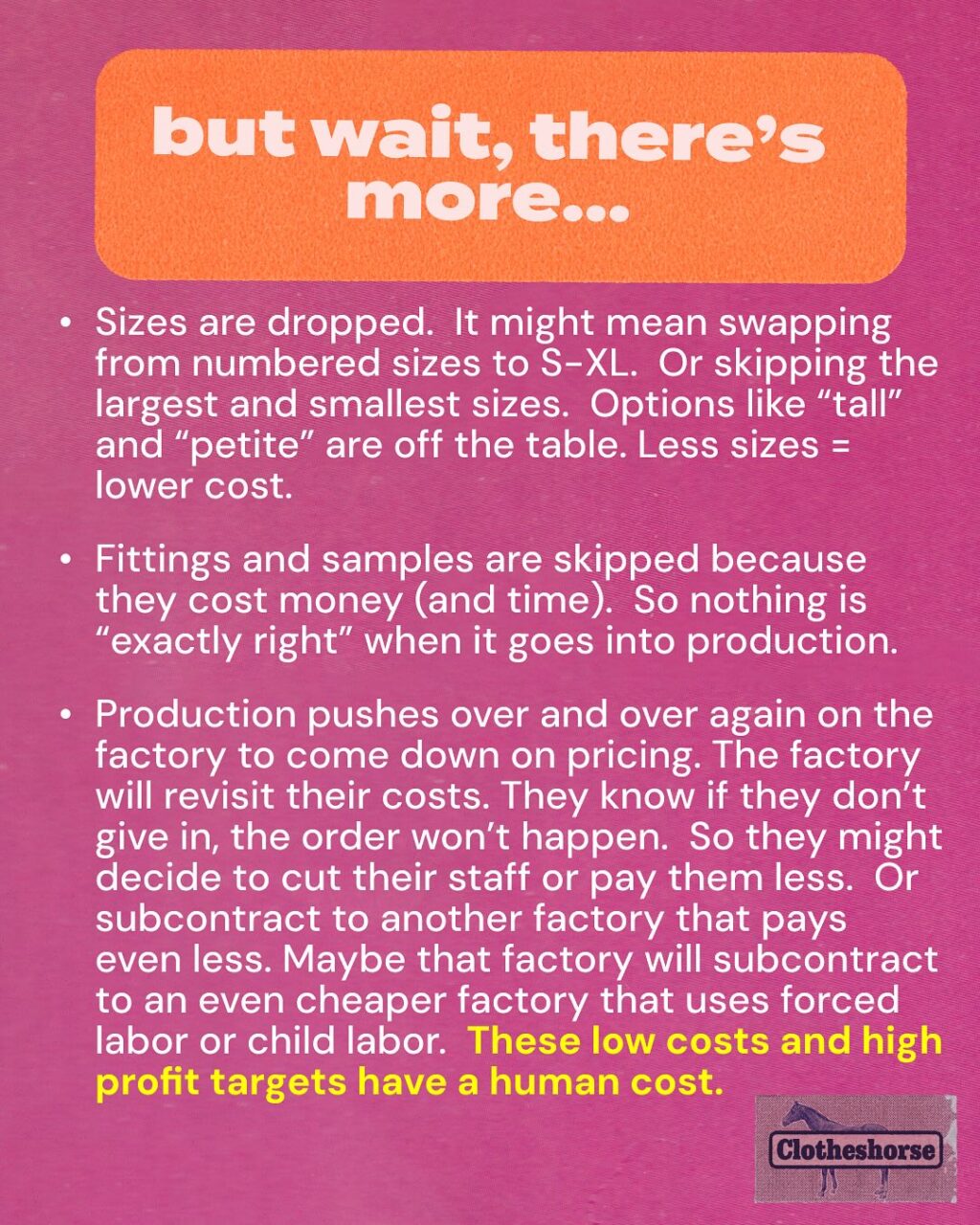 New clothes ARE kinda garbage these days, from low quality synthetic fabrics...to zippers that are a problem from the very first wear...to lack of detail and poor fit. And the low quality and short lifespan of this clothing is creating an environmental and ethical crisis for the planet and its people.

Just about every garment produced by fast fashion brands starts as a great design....that is “too expensive” to make in order to meet pricing and profitability targets. So the team chips away at it until the math starts to math. And often you’re left with something that only slightly resembles the original design.

Last year I released a three part series of the podcast about why new clothes are kinda garbage these days.

Among other things in that series, we discuss:

★ What is planned obsolescence and how does it impact cars, phones, electronics...and clothing?
★ The process of clothing creation, from design to sample to finished product.
★ The changes buyers make to hit the profitability targets set by company leadership.
★ How fabric is a big part of the formula (and why so many garments are synthetic now).
★ How overproduction is impacting product quality.
★ How the illusion of free shipping is widening economic inequality AND driving down the quality of the things we buy.
★ How the nonstop parade of DEALZ DEALZ DEALZ is also responsible for a sharp decrease in clothing quality
★ And how/why brands will continue to make terrible clothes as long as we are still buying them.

See? I told you it is a lot to break down! You can start the series with episode 187.

So now tell me: what is your least favorite thing about new clothes these days?

P.S.  I am now adding these intense text-heavy posts to my website under the section “Slow Fashion Resource Center.”