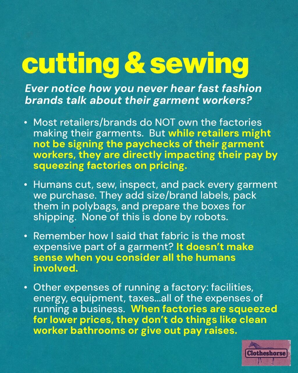 I worked as a buyer in fast fashion from the 00s until 2020.  So I’ve been mathing the math for clothes for a really long time. But in the way back (aka the early days of fast fashion), the prices at Forever 21 and H+M always seemed off to me. Then again, I didn’t know much about the business of making clothing (until I began my career as a buyer). The prices seemed “too cheap to be true,” but I also just thought “Oh maybe they get special deals on things because they are such a big business and buy in bulk.” 

So let’s talk about the real cost of making clothing. It’s super relevant right now as we talk about tariffs. These slides might seem comprehensive to someone who hasn’t worked in the industry, while those who have will say “AMANDA, BUT WHAT ABOUT_______” And yet, even with this more simplified view of all of the elements of a garment’s price, you have to ask yourself, “how could a tank top be $1.90? A dress $19.90?” When you start asking yourself those questions, you get to the heart of the scamminess of the fast fashion model. And the success of all of these brands relies on all of us not understanding how clothing is made.

Our sense of price and value has been turned upside down. All we can do is remind ourselves of all of the elements involved in making the things we buy. Do the numbers add up and seem ethical? Go for it. But if they don’t, ask yourself why.

The thing is...I have optimism right now that many people outside our slow fashion bubble are starting to realize that the math of fast fashion just isn’t mathing...and the best thing we can do as activists and awesome people is be supportive, offer alternatives,  and welcome them to the movement!

And also: Earlier this year I made a video about why tariffs won’t fix fast fashion.  I will share that in Stories for those of you who haven’t seen it. There’s lots of information there about how clothing is made.