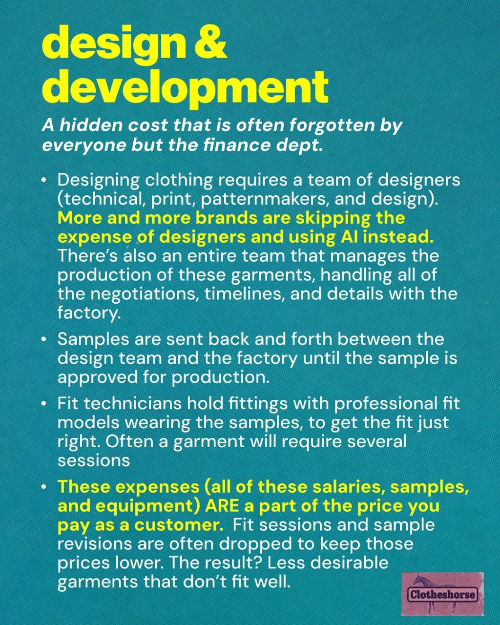 I worked as a buyer in fast fashion from the 00s until 2020.  So I’ve been mathing the math for clothes for a really long time. But in the way back (aka the early days of fast fashion), the prices at Forever 21 and H+M always seemed off to me. Then again, I didn’t know much about the business of making clothing (until I began my career as a buyer). The prices seemed “too cheap to be true,” but I also just thought “Oh maybe they get special deals on things because they are such a big business and buy in bulk.” 

So let’s talk about the real cost of making clothing. It’s super relevant right now as we talk about tariffs. These slides might seem comprehensive to someone who hasn’t worked in the industry, while those who have will say “AMANDA, BUT WHAT ABOUT_______” And yet, even with this more simplified view of all of the elements of a garment’s price, you have to ask yourself, “how could a tank top be $1.90? A dress $19.90?” When you start asking yourself those questions, you get to the heart of the scamminess of the fast fashion model. And the success of all of these brands relies on all of us not understanding how clothing is made.

Our sense of price and value has been turned upside down. All we can do is remind ourselves of all of the elements involved in making the things we buy. Do the numbers add up and seem ethical? Go for it. But if they don’t, ask yourself why.

The thing is...I have optimism right now that many people outside our slow fashion bubble are starting to realize that the math of fast fashion just isn’t mathing...and the best thing we can do as activists and awesome people is be supportive, offer alternatives,  and welcome them to the movement!

And also: Earlier this year I made a video about why tariffs won’t fix fast fashion.  I will share that in Stories for those of you who haven’t seen it. There’s lots of information there about how clothing is made.