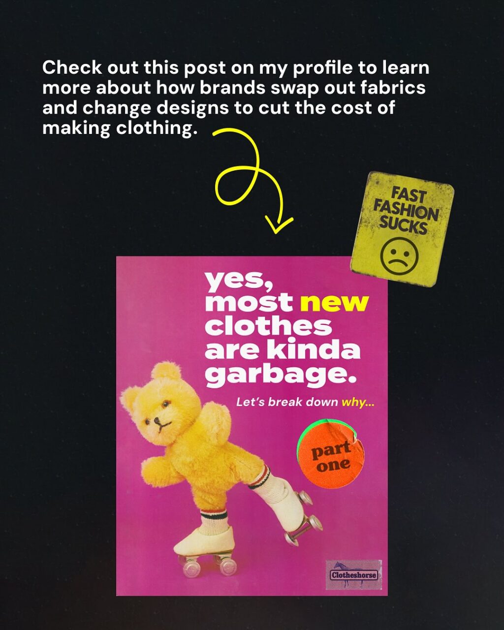 New clothes ARE kinda garbage these days, from low quality synthetic fabrics to zippers that are a problem from the very first wear to lack of detail and poor fit. And the low quality and short lifespan of this clothing is creating an environmental and ethical crisis for the planet and its people!

Yesterday I talked about how brands swap out fabrics, remove details, squeeze factories, and do all kinds of other things...all to keep clothes cheap and profitable. But it’s important to call out that sometimes these items don’t immediately appear “cheap” when you look at the price tag. Sure, it’s easy to see that the prices SHEIN offers are clearly the result of a lot of cut corners...but what about Anthropologie? Free People? Zara? Brands that are more expensive than SHEIN, but still most definitely fast fashion? They need to keep the prices on the price tags high in order to offer cover some other expenses that you might be surprised to learn about...

Last year, I did a three part series unpacking the complicated (and infuriating) reasons why new clothes are kinda garbage these days. You can find that anywhere you listen to podcasts. Putting together this post was REALLY DIFFICULT because this is such a complicated discussion. So here you are just seeing the most basic, top level explanation of it all. To learn more (and really get into the details), listen to the episodes!

Yes, this stuff is depressing and infuriating. But you know what? I’m actually more OPTIMISTIC than ever that we can change this!!! Why? Because we are talking about it. More and more people are realizing that it’s true. And that is launching a social trend. Guess what? Social trends lead to real change, including both legislation (like the Fashion Act) and permanent changes in our personal behavior (like skipping impulse shopping and learning how to repair and care for our clothing). So talk about this with everyone you know! YOU ARE A BIG PART OF WHAT HAPPENS NEXT!!

Okay, gossip time: what’s a brand that you’re pretty sure is cutting corners on products in order to cover the expenses I’m talking about in this carousel? Tell us in the comments!