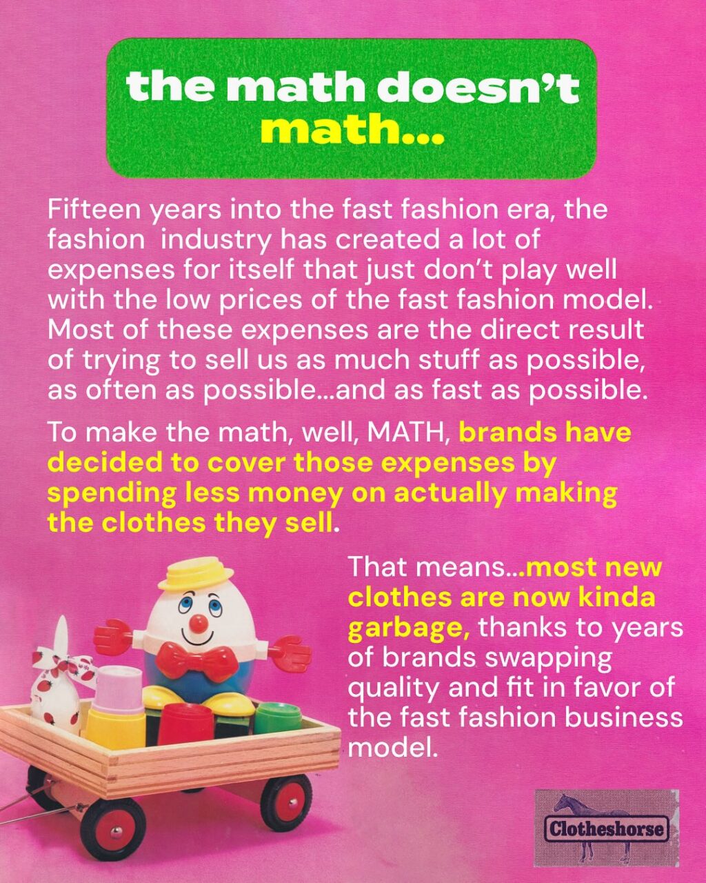 New clothes ARE kinda garbage these days, from low quality synthetic fabrics to zippers that are a problem from the very first wear to lack of detail and poor fit. And the low quality and short lifespan of this clothing is creating an environmental and ethical crisis for the planet and its people!

Yesterday I talked about how brands swap out fabrics, remove details, squeeze factories, and do all kinds of other things...all to keep clothes cheap and profitable. But it’s important to call out that sometimes these items don’t immediately appear “cheap” when you look at the price tag. Sure, it’s easy to see that the prices SHEIN offers are clearly the result of a lot of cut corners...but what about Anthropologie? Free People? Zara? Brands that are more expensive than SHEIN, but still most definitely fast fashion? They need to keep the prices on the price tags high in order to offer cover some other expenses that you might be surprised to learn about...

Last year, I did a three part series unpacking the complicated (and infuriating) reasons why new clothes are kinda garbage these days. You can find that anywhere you listen to podcasts. Putting together this post was REALLY DIFFICULT because this is such a complicated discussion. So here you are just seeing the most basic, top level explanation of it all. To learn more (and really get into the details), listen to the episodes!

Yes, this stuff is depressing and infuriating. But you know what? I’m actually more OPTIMISTIC than ever that we can change this!!! Why? Because we are talking about it. More and more people are realizing that it’s true. And that is launching a social trend. Guess what? Social trends lead to real change, including both legislation (like the Fashion Act) and permanent changes in our personal behavior (like skipping impulse shopping and learning how to repair and care for our clothing). So talk about this with everyone you know! YOU ARE A BIG PART OF WHAT HAPPENS NEXT!!

Okay, gossip time: what’s a brand that you’re pretty sure is cutting corners on products in order to cover the expenses I’m talking about in this carousel? Tell us in the comments!