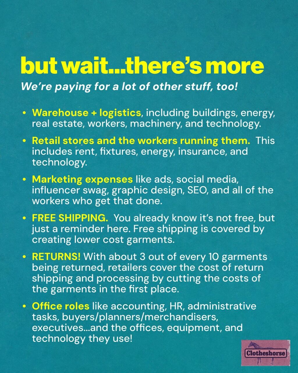 I worked as a buyer in fast fashion from the 00s until 2020.  So I’ve been mathing the math for clothes for a really long time. But in the way back (aka the early days of fast fashion), the prices at Forever 21 and H+M always seemed off to me. Then again, I didn’t know much about the business of making clothing (until I began my career as a buyer). The prices seemed “too cheap to be true,” but I also just thought “Oh maybe they get special deals on things because they are such a big business and buy in bulk.” 

So let’s talk about the real cost of making clothing. It’s super relevant right now as we talk about tariffs. These slides might seem comprehensive to someone who hasn’t worked in the industry, while those who have will say “AMANDA, BUT WHAT ABOUT_______” And yet, even with this more simplified view of all of the elements of a garment’s price, you have to ask yourself, “how could a tank top be $1.90? A dress $19.90?” When you start asking yourself those questions, you get to the heart of the scamminess of the fast fashion model. And the success of all of these brands relies on all of us not understanding how clothing is made.

Our sense of price and value has been turned upside down. All we can do is remind ourselves of all of the elements involved in making the things we buy. Do the numbers add up and seem ethical? Go for it. But if they don’t, ask yourself why.

The thing is...I have optimism right now that many people outside our slow fashion bubble are starting to realize that the math of fast fashion just isn’t mathing...and the best thing we can do as activists and awesome people is be supportive, offer alternatives,  and welcome them to the movement!

And also: Earlier this year I made a video about why tariffs won’t fix fast fashion.  I will share that in Stories for those of you who haven’t seen it. There’s lots of information there about how clothing is made.