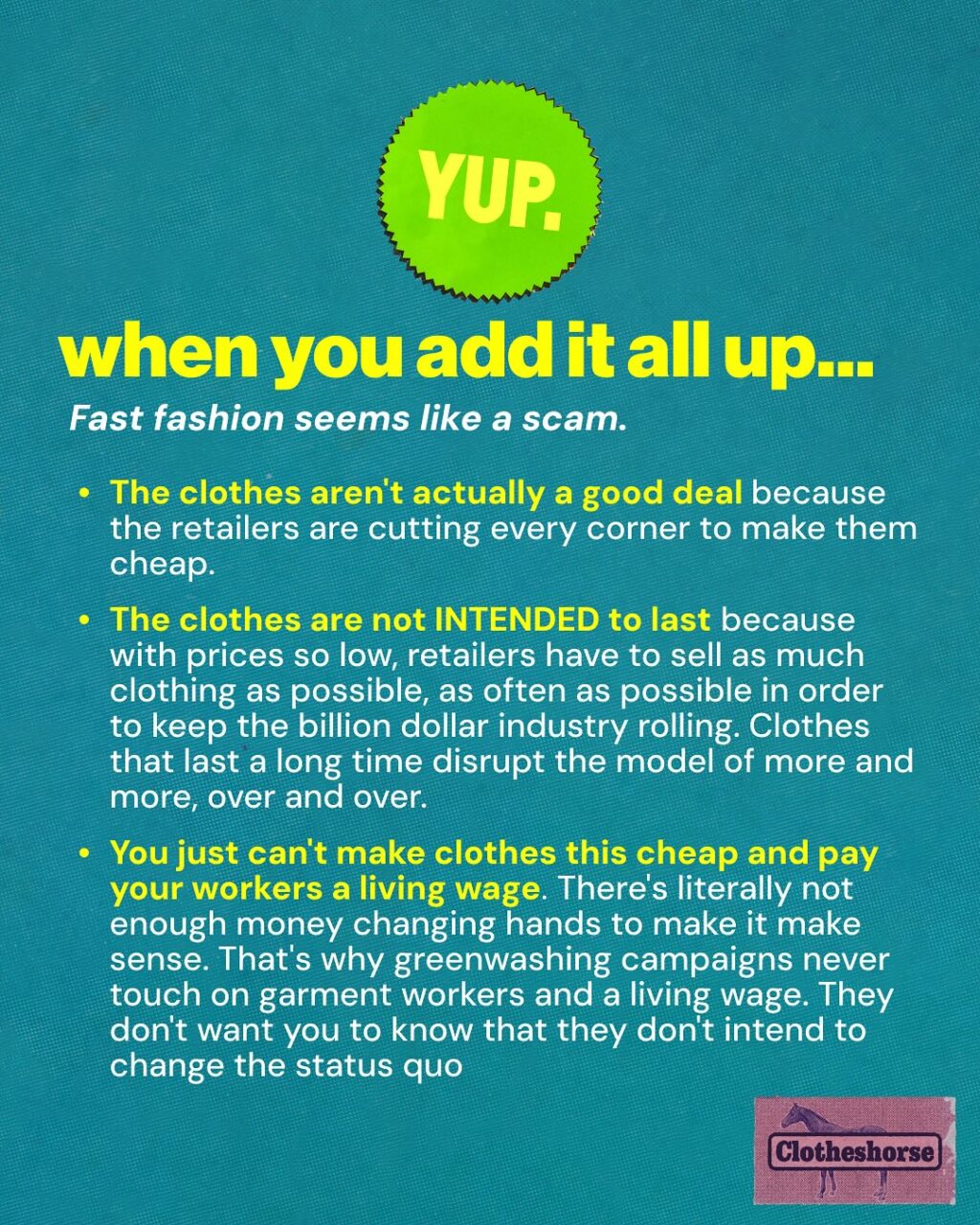I worked as a buyer in fast fashion from the 00s until 2020.  So I’ve been mathing the math for clothes for a really long time. But in the way back (aka the early days of fast fashion), the prices at Forever 21 and H+M always seemed off to me. Then again, I didn’t know much about the business of making clothing (until I began my career as a buyer). The prices seemed “too cheap to be true,” but I also just thought “Oh maybe they get special deals on things because they are such a big business and buy in bulk.” 

So let’s talk about the real cost of making clothing. It’s super relevant right now as we talk about tariffs. These slides might seem comprehensive to someone who hasn’t worked in the industry, while those who have will say “AMANDA, BUT WHAT ABOUT_______” And yet, even with this more simplified view of all of the elements of a garment’s price, you have to ask yourself, “how could a tank top be $1.90? A dress $19.90?” When you start asking yourself those questions, you get to the heart of the scamminess of the fast fashion model. And the success of all of these brands relies on all of us not understanding how clothing is made.

Our sense of price and value has been turned upside down. All we can do is remind ourselves of all of the elements involved in making the things we buy. Do the numbers add up and seem ethical? Go for it. But if they don’t, ask yourself why.

The thing is...I have optimism right now that many people outside our slow fashion bubble are starting to realize that the math of fast fashion just isn’t mathing...and the best thing we can do as activists and awesome people is be supportive, offer alternatives,  and welcome them to the movement!

And also: Earlier this year I made a video about why tariffs won’t fix fast fashion.  I will share that in Stories for those of you who haven’t seen it. There’s lots of information there about how clothing is made.