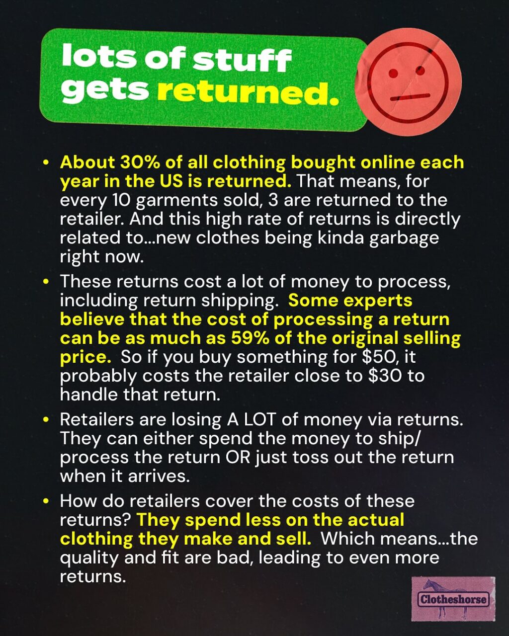 New clothes ARE kinda garbage these days, from low quality synthetic fabrics to zippers that are a problem from the very first wear to lack of detail and poor fit. And the low quality and short lifespan of this clothing is creating an environmental and ethical crisis for the planet and its people!

Yesterday I talked about how brands swap out fabrics, remove details, squeeze factories, and do all kinds of other things...all to keep clothes cheap and profitable. But it’s important to call out that sometimes these items don’t immediately appear “cheap” when you look at the price tag. Sure, it’s easy to see that the prices SHEIN offers are clearly the result of a lot of cut corners...but what about Anthropologie? Free People? Zara? Brands that are more expensive than SHEIN, but still most definitely fast fashion? They need to keep the prices on the price tags high in order to offer cover some other expenses that you might be surprised to learn about...

Last year, I did a three part series unpacking the complicated (and infuriating) reasons why new clothes are kinda garbage these days. You can find that anywhere you listen to podcasts. Putting together this post was REALLY DIFFICULT because this is such a complicated discussion. So here you are just seeing the most basic, top level explanation of it all. To learn more (and really get into the details), listen to the episodes!

Yes, this stuff is depressing and infuriating. But you know what? I’m actually more OPTIMISTIC than ever that we can change this!!! Why? Because we are talking about it. More and more people are realizing that it’s true. And that is launching a social trend. Guess what? Social trends lead to real change, including both legislation (like the Fashion Act) and permanent changes in our personal behavior (like skipping impulse shopping and learning how to repair and care for our clothing). So talk about this with everyone you know! YOU ARE A BIG PART OF WHAT HAPPENS NEXT!!

Okay, gossip time: what’s a brand that you’re pretty sure is cutting corners on products in order to cover the expenses I’m talking about in this carousel? Tell us in the comments!
