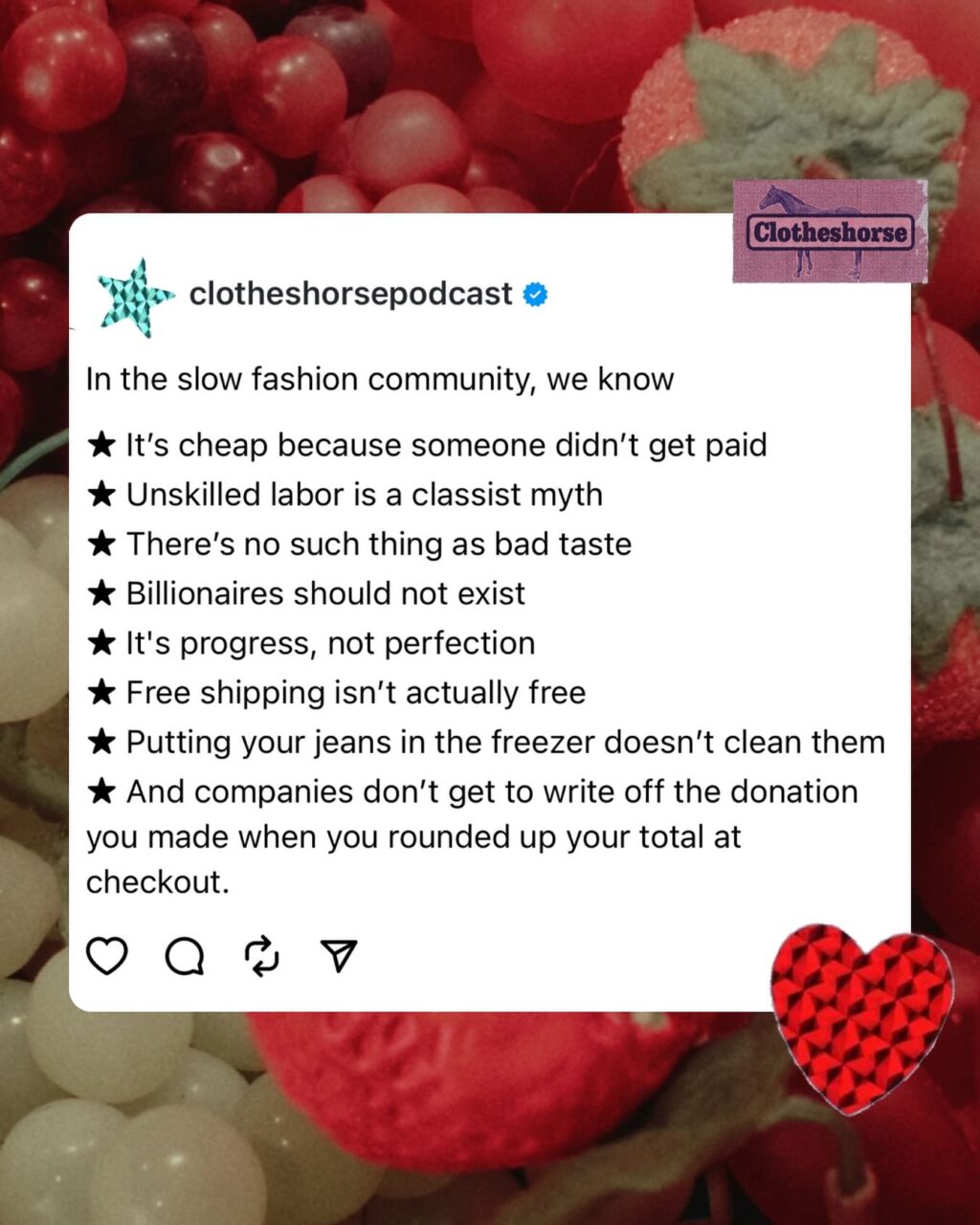 ⬆️⬆️⬆️ this is from this week’s episode of the podcast, part three in a series all about branding and how emotional branding fuels consumerism.  It might be *out* tonight but more likely tomorrow because transferring epic audio files back and forth while my husband/audio engineer is on tour is slow and annoying.

But this week’s episode is all about “cause marketing,” covering a range of topics including round ups at checkout, fundraiser collections, feminist tees, B Corp certification, 1% For The Planet...and so much more!

Anyway, what would YOU add to the list above? What does the slow fashion community know that you wish everyone else knew?